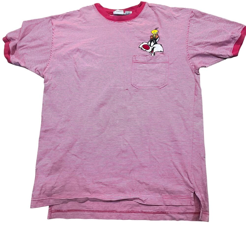 VTG 1994 Looney‎ Tunes Acme Red White Striped Shirt Sylvester Tweety Men L